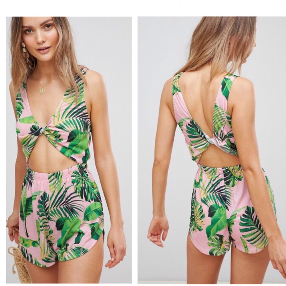 New ASOS Palm Print Twist Jersey Beach Romper